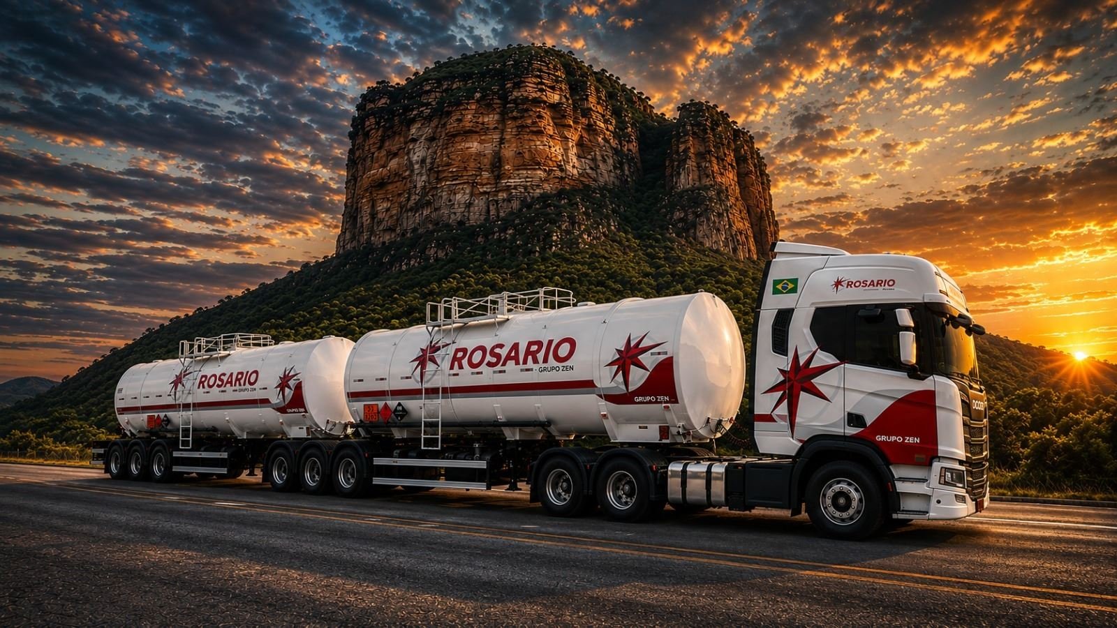Bitrem-tanque Rosário na estrada, ao pé da serra
