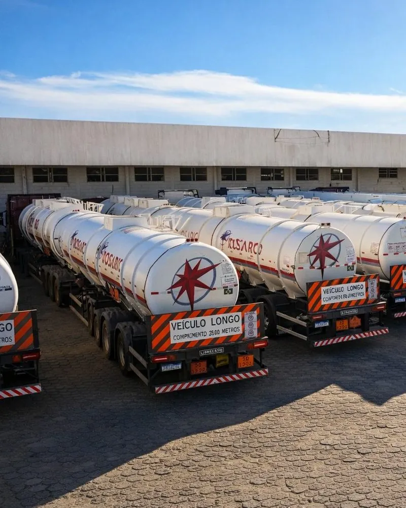 Traseiras das carretas-tanque com a estrela Rosário e as placas de veículo longo, enfileiradas no pátio.