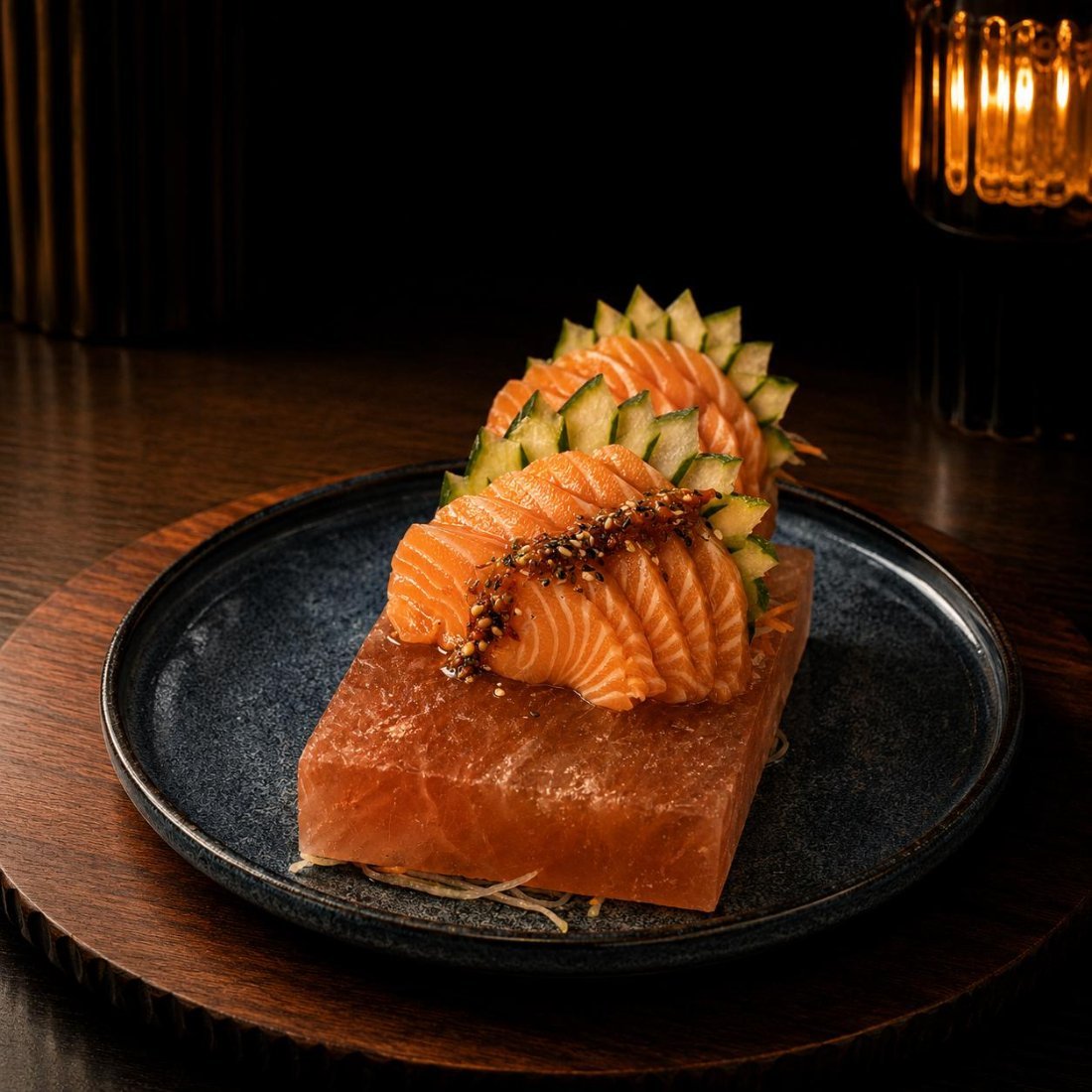 Sashimi de salmão servido sobre pedra de sal