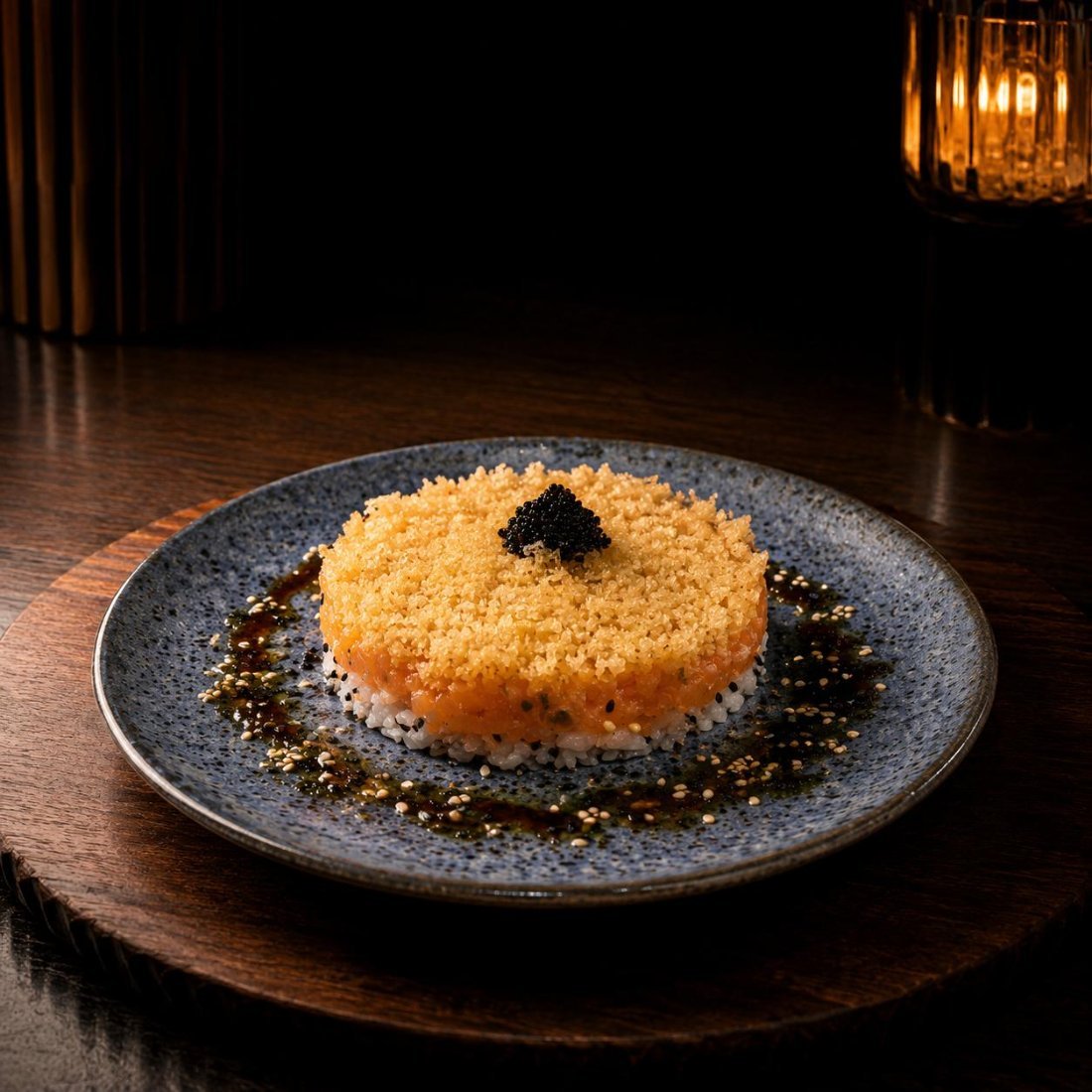 Tartar de salmão com crocante e caviar