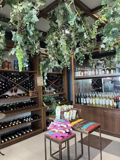 Adega com vinhos e cachaças sob uma parreira de folhas, com chocolates numa mesinha.