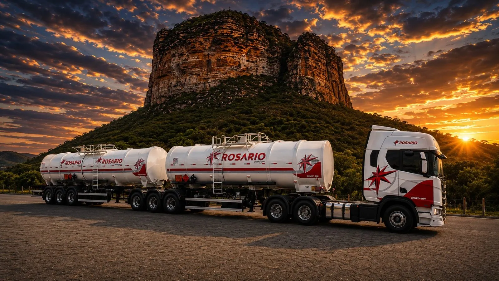 Carreta-tanque Rosário diante de um morro, ao pôr do sol.